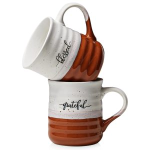 Orange Ceramic Coffee Mugs with Gratitude Text - Set of 2
